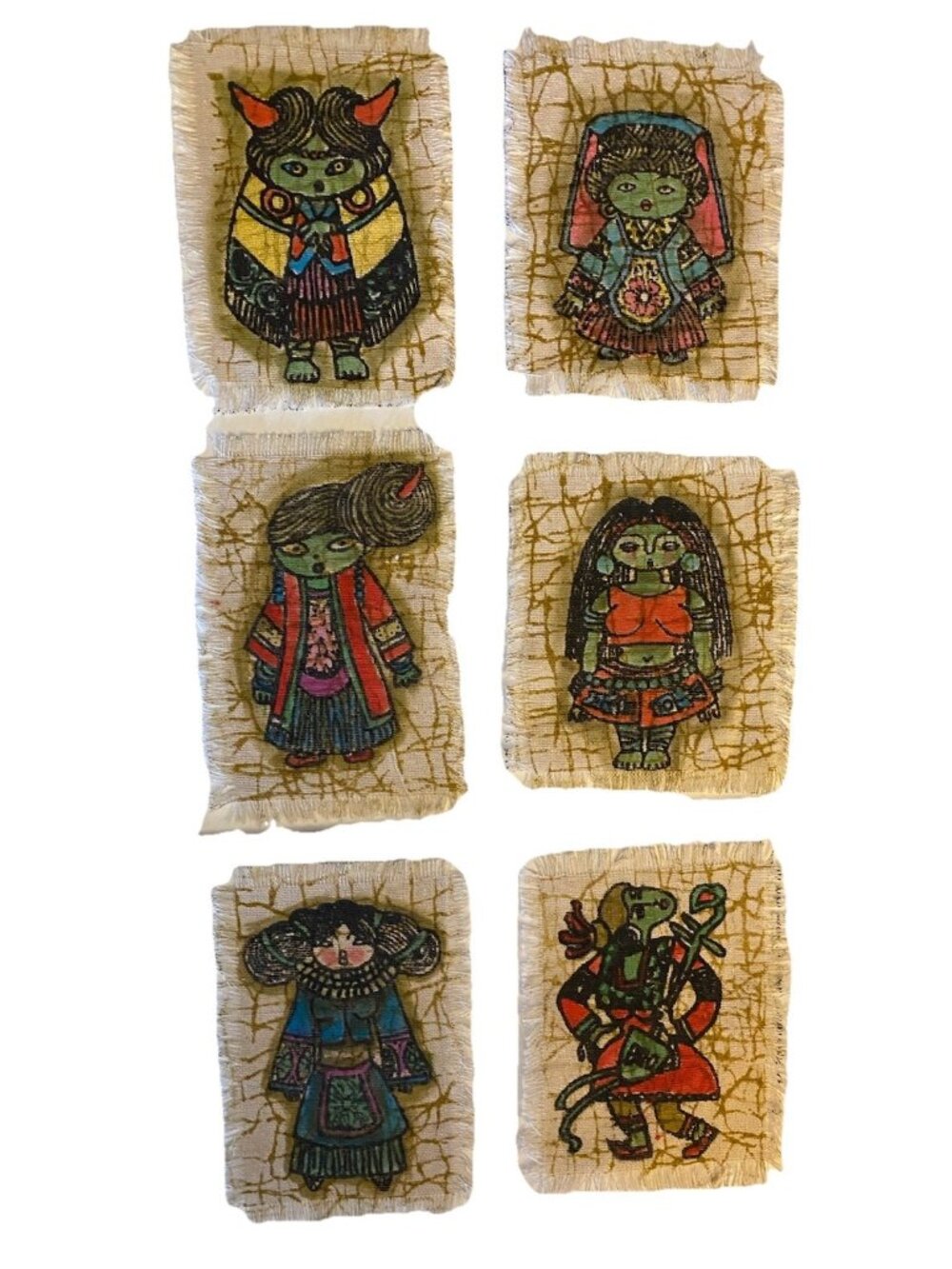 Set of 6 Miao Hmong Folk Art Batik Fabric Panels Hand Painted Mini Textile Art